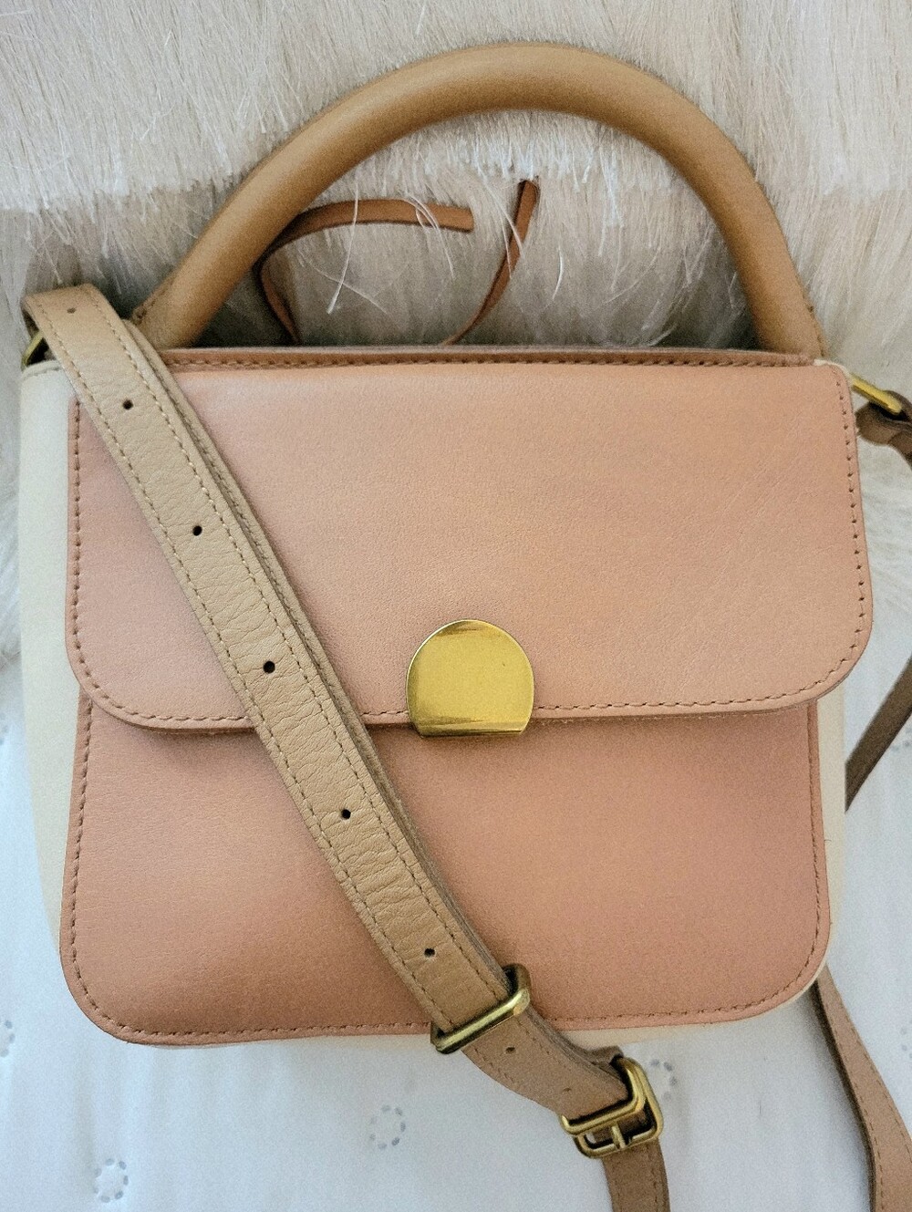Madewell Mini Abroad Colorblock Leather Crossbody Bag Pink Cream Gold Top Handle